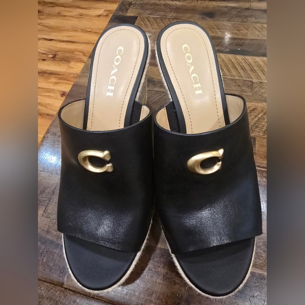 Coach Black and Gold Wedge Mules - Picture 2 of 4